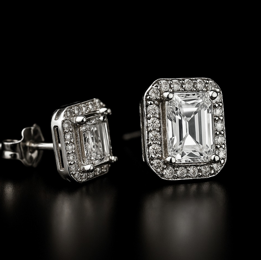 925 Sterling Silver Emerald-Cut Halo Stud Earrings with Clear Zircon Stones