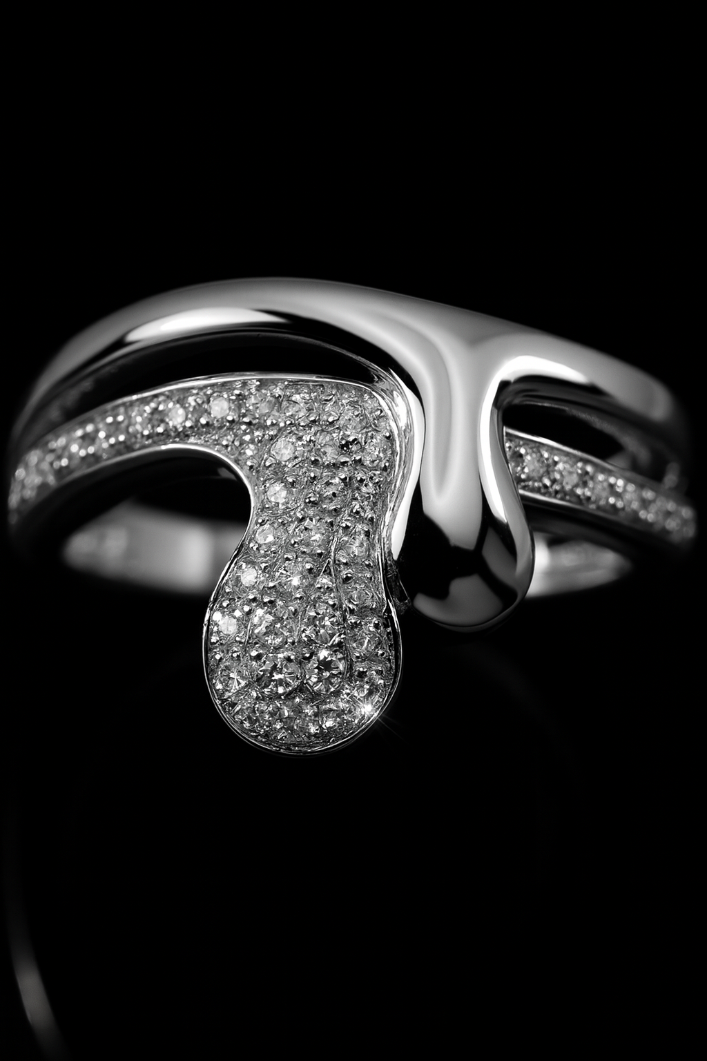 925 sterling silver modern wave ring with pavé zircon, sculptural statement design jewelry for women