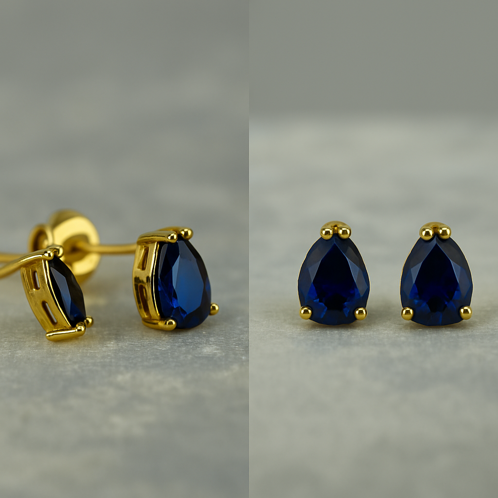 Gold-plated 925 sterling silver teardrop stud earrings with deep blue cubic zirconia