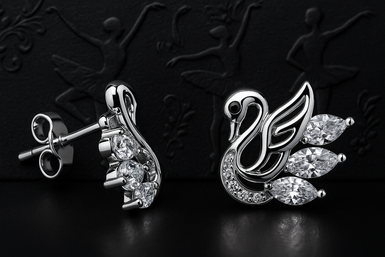 925 sterling silver swan stud earrings with sparkling cubic zirconia stones on a dark background
