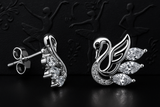 925 sterling silver swan stud earrings with sparkling cubic zirconia stones on a dark background