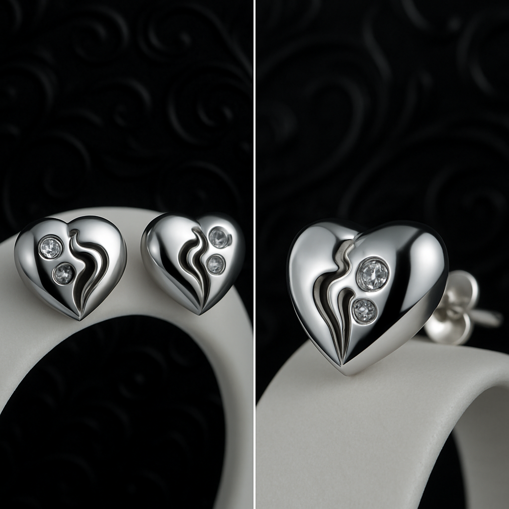 925 sterling silver heart stud earrings with modern line detail and cubic zirconia accents