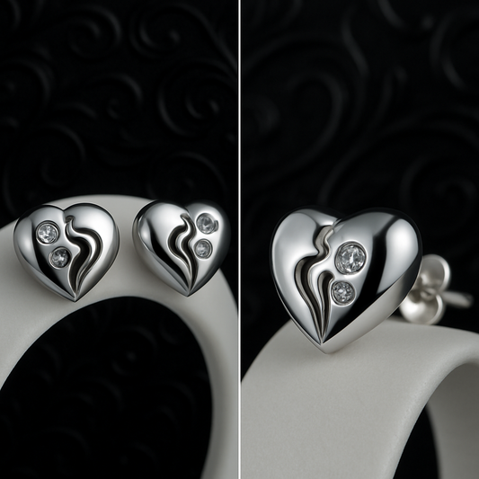 925 sterling silver heart stud earrings with modern line detail and cubic zirconia accents