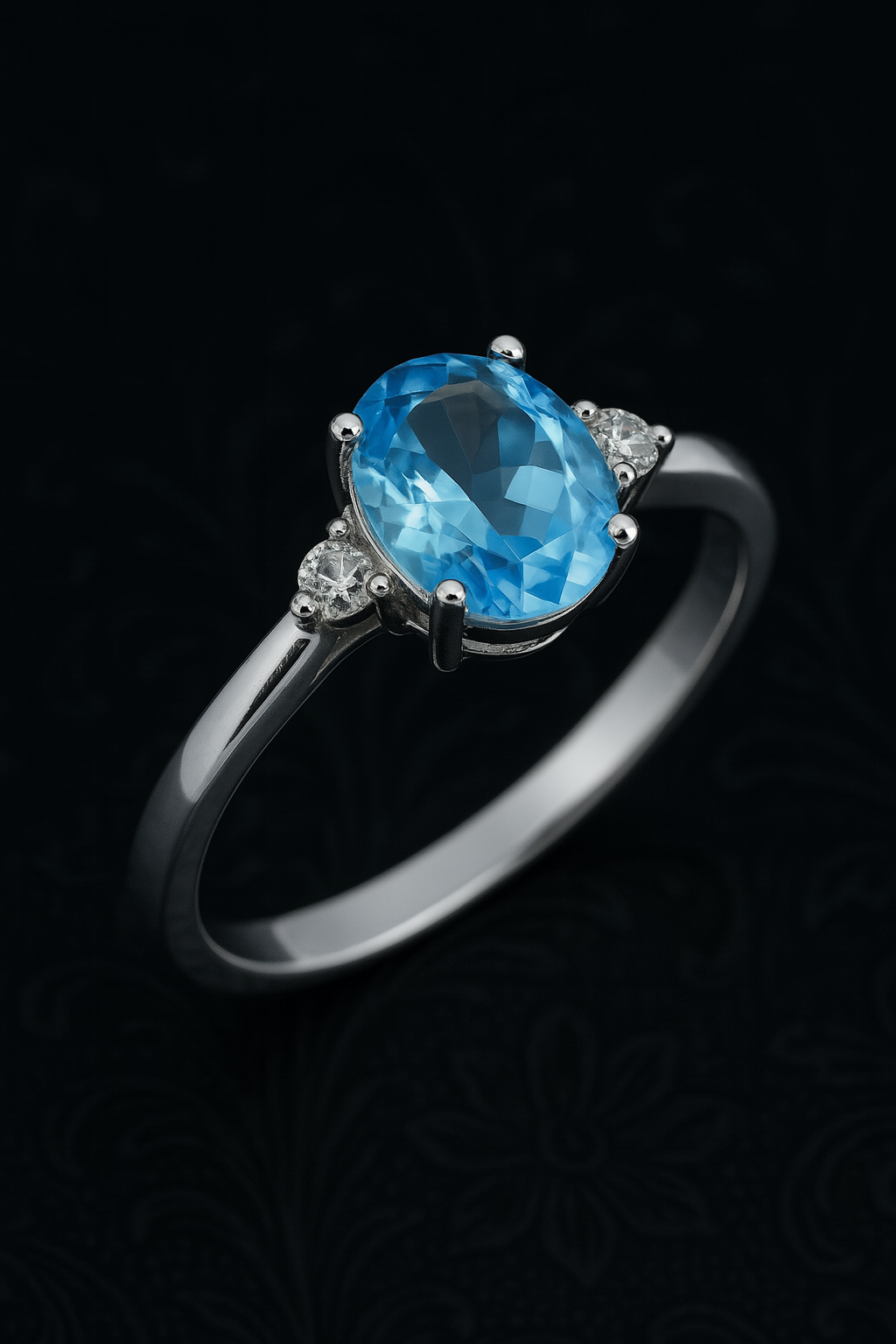 925 Sterling Silver Three-Stone Ring with Oval Swiss Blue Topaz and Zircon Accents
