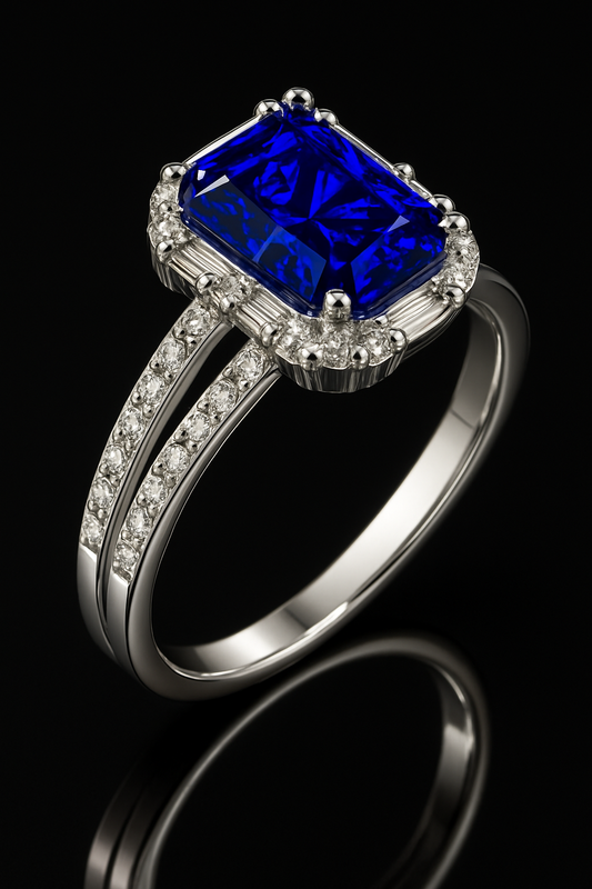 925 Sterling Silver Half Eternity Ring with Rectangular London Blue Topaz – Double Band Design