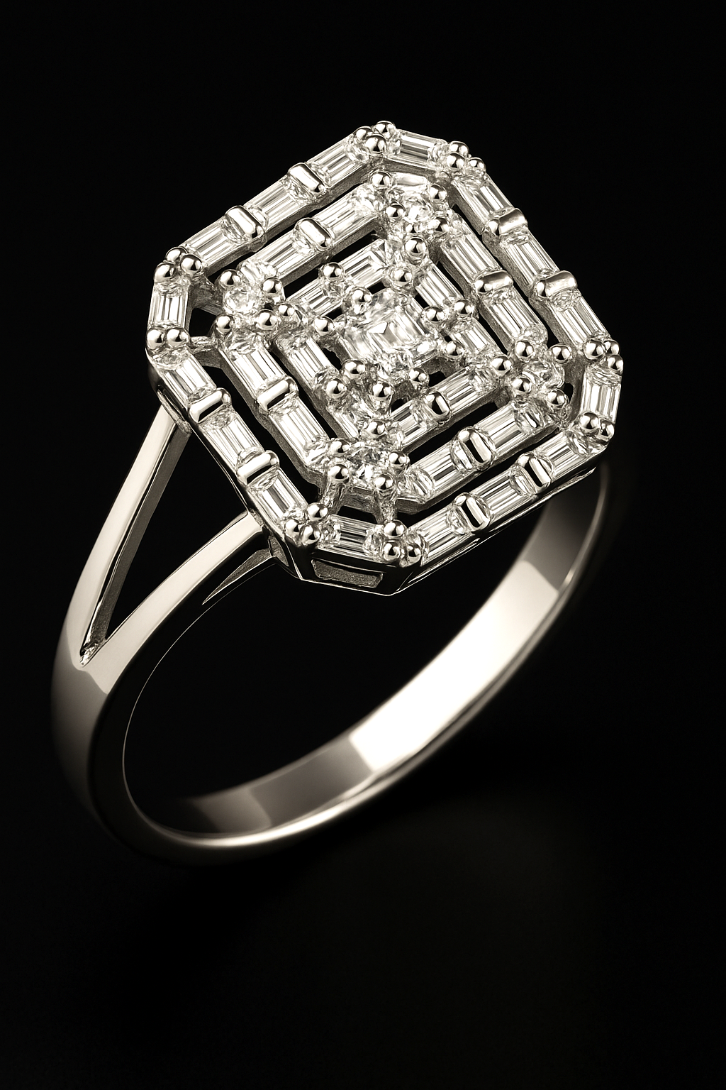 925 Sterling Silver Geometric Baget Zircon Statement Ring – Multi-Layer Sparkle Design