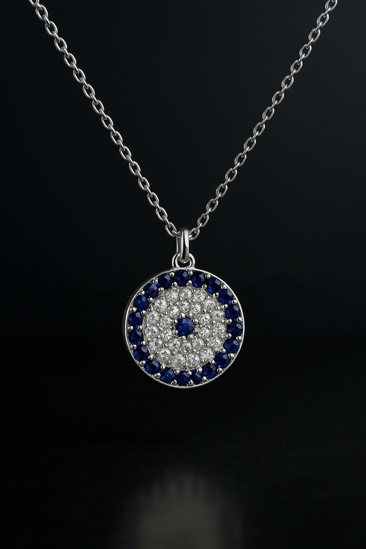 Round Evil Eye Pendant Necklace – 925 Sterling Silver with Sapphire & Clear Stones