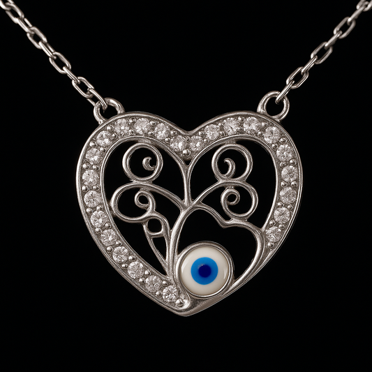 925 Sterling Silver Heart Necklace with Evil Eye and Cubic Zirconia – Protective & Elegant