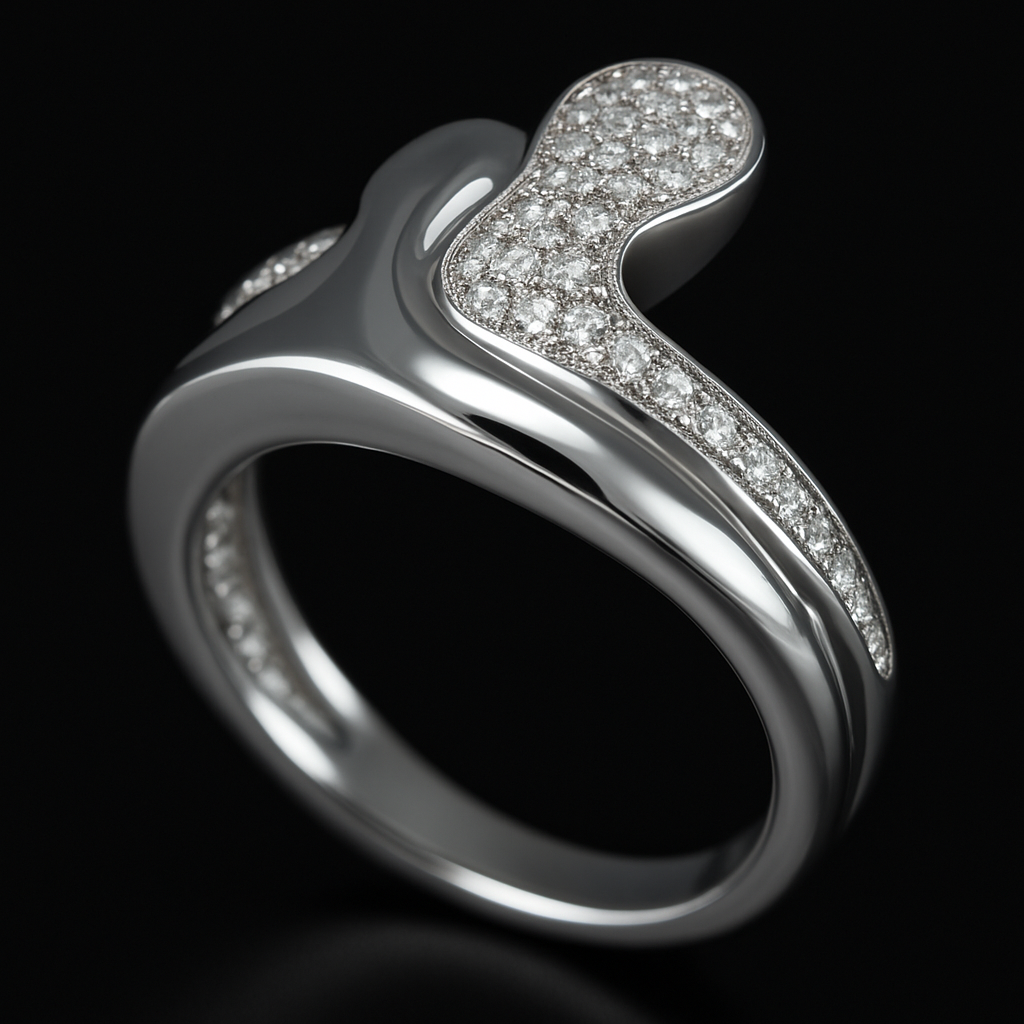 925 Sterling Silver Modern Wave Ring with Sculptural Pavé Zircon Statement Design