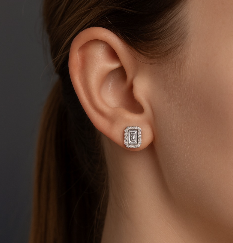 925 Sterling Silver Emerald-Cut Halo Stud Earrings with Clear Zircon Stones