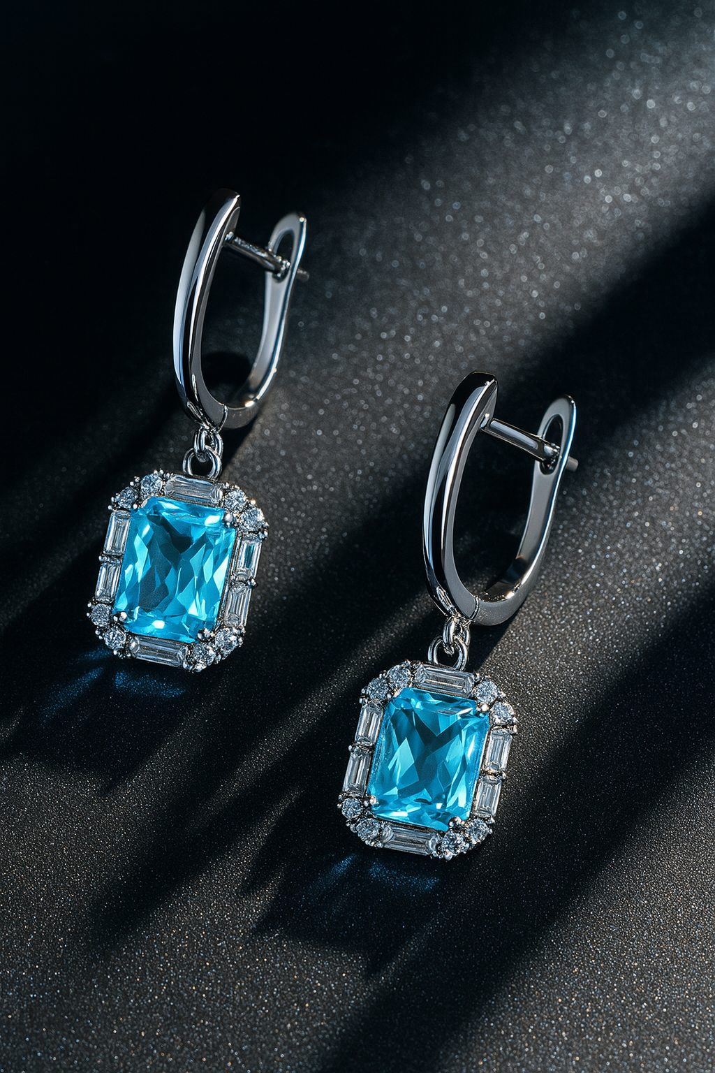 925 Sterling Silver Drop Earrings with Emerald Cut Blue Topaz Stones