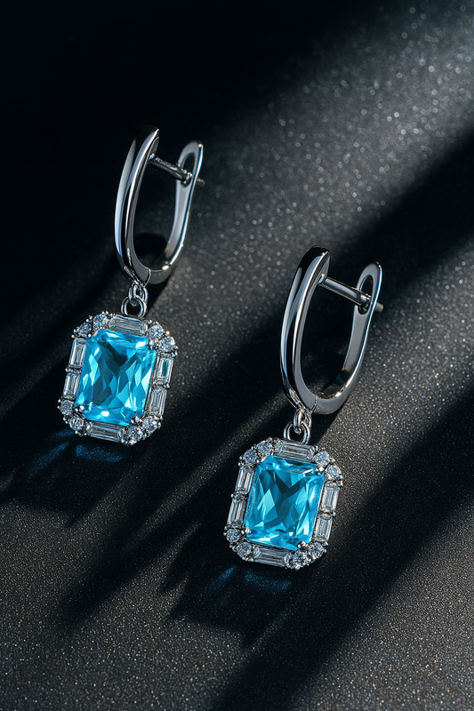 925 Sterling Silver Drop Earrings with Emerald Cut Blue Topaz Stones
