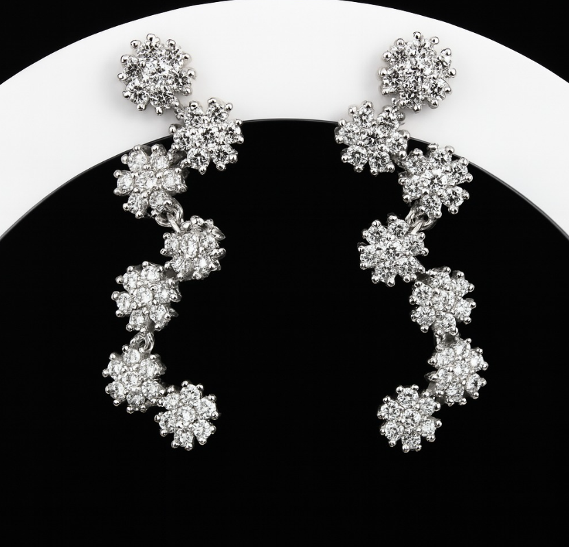 Floral Cascade Statement Earrings in 925 Sterling Silver with Cluster Zircon Blooms