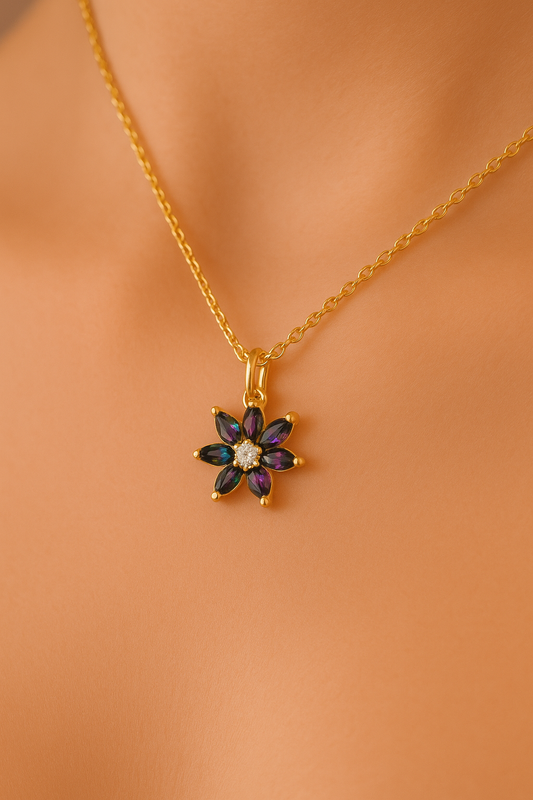Floral Charm Necklace – 14K Gold-Plated with Multicolor Petal Stones