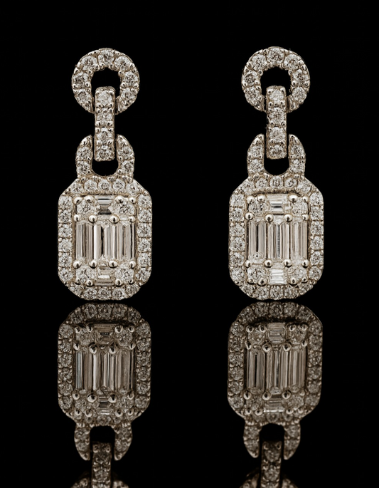 Elegant Drop Earrings in Sterling Silver with Baguette and Pavé Zircon Detailing