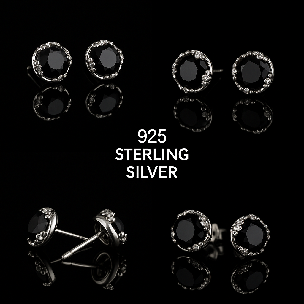 Midnight Spark Stud Earrings in 925 Sterling Silver with Black Zircon Stones