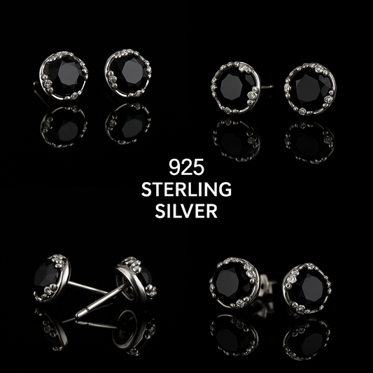 Midnight Spark Stud Earrings in 925 Sterling Silver with Black Zircon Stones