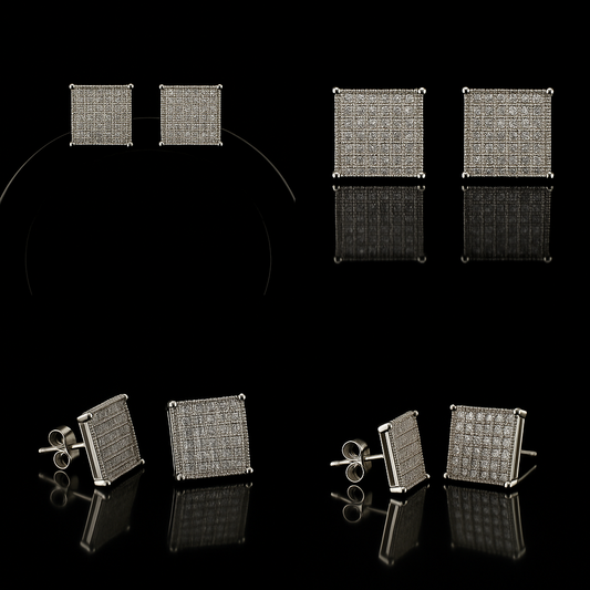 Modern Grid Stud Earrings in 925 Sterling Silver with Micro Pavé Detailing