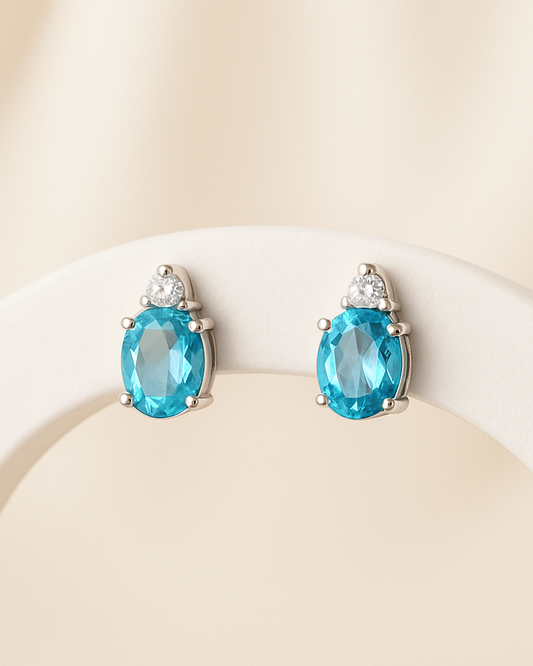 925 Sterling Silver Oval Stud Earrings with Ocean Blue and Sparkling Zircon Stones