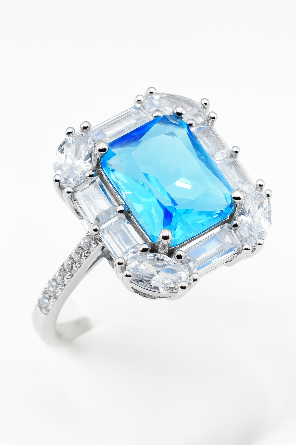 Radiant Blue Cocktail Ring – 925 Sterling Silver with Baguette and Oval Zircon Accents