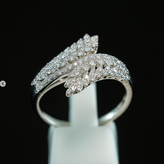 925 Sterling Silver Leaf Wrap Ring – Adjustable Pavé Zircon Statement Design