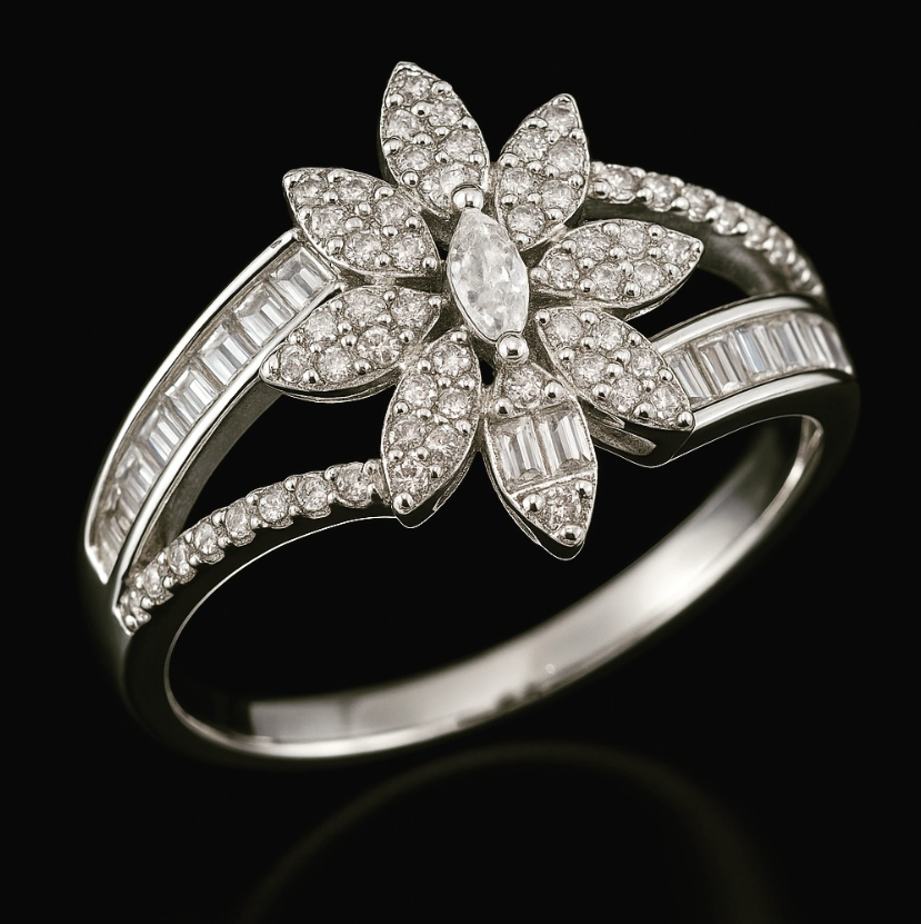 925 Sterling Silver Floral Half Eternity Ring – Cubic Zirconia Flower Design