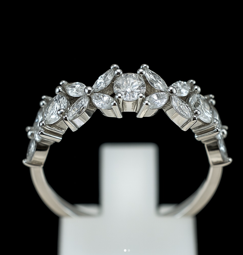 925 Sterling Silver Floral Marquise & Round Zircon Ring – Nature-Inspired Half Eternity Design