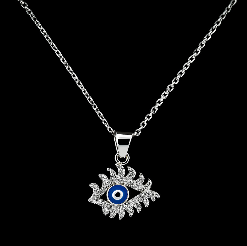 925 Sterling Silver Evil Eye Necklace – Crystal Eyelash Design with Enamel Protection Charm