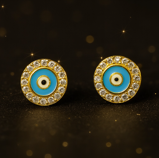 14K Gold Covered 925 Sterling Silver Evil Eye Stud Earrings – Dainty Sparkling Protection Jewelry for Women