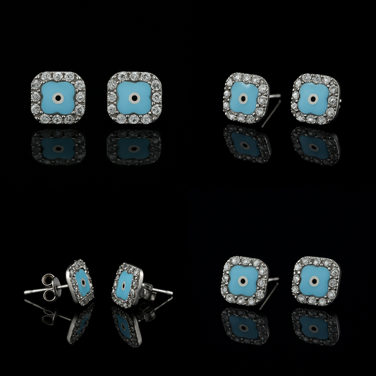 Square Evil Eye Stud Earrings in 925 Sterling Silver with Zircon Border