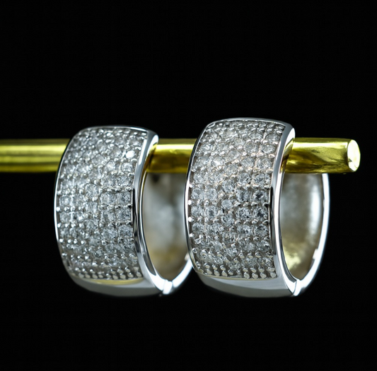 925 Sterling Silver Wide Pavé Hoop Earrings with Sparkling Zircon Stones