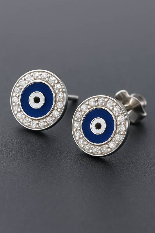 Sterling Silver Dark Blue Evil Eye Stud Earrings – Sparkling Protection