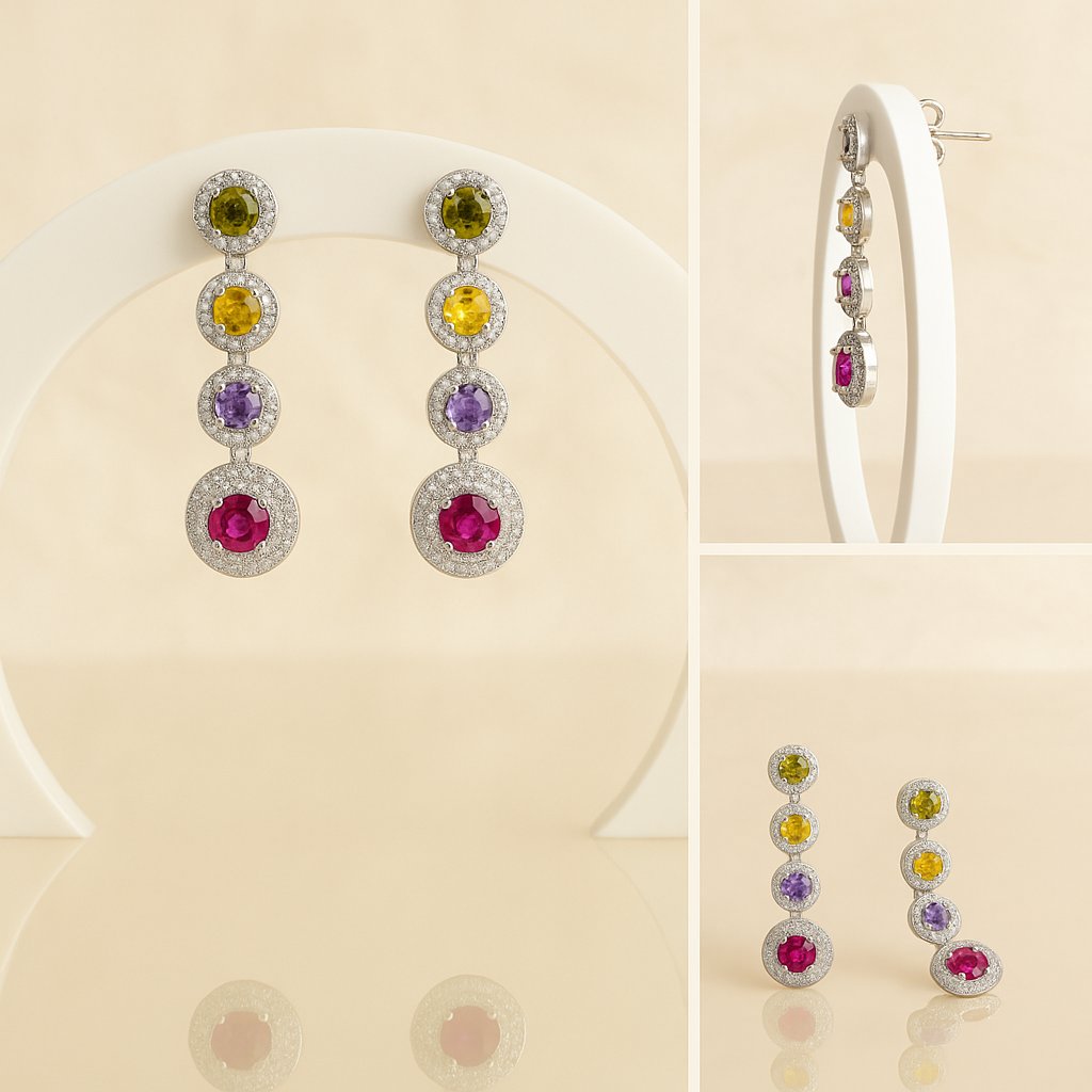 925 sterling silver drop earrings with multicolor cubic zirconia gemstones arranged in green, yellow, purple and deep pink
