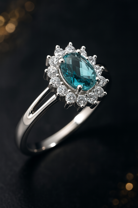 925 Sterling Silver Halo Ring with Oval Swiss Blue Topaz and Zircon Accents