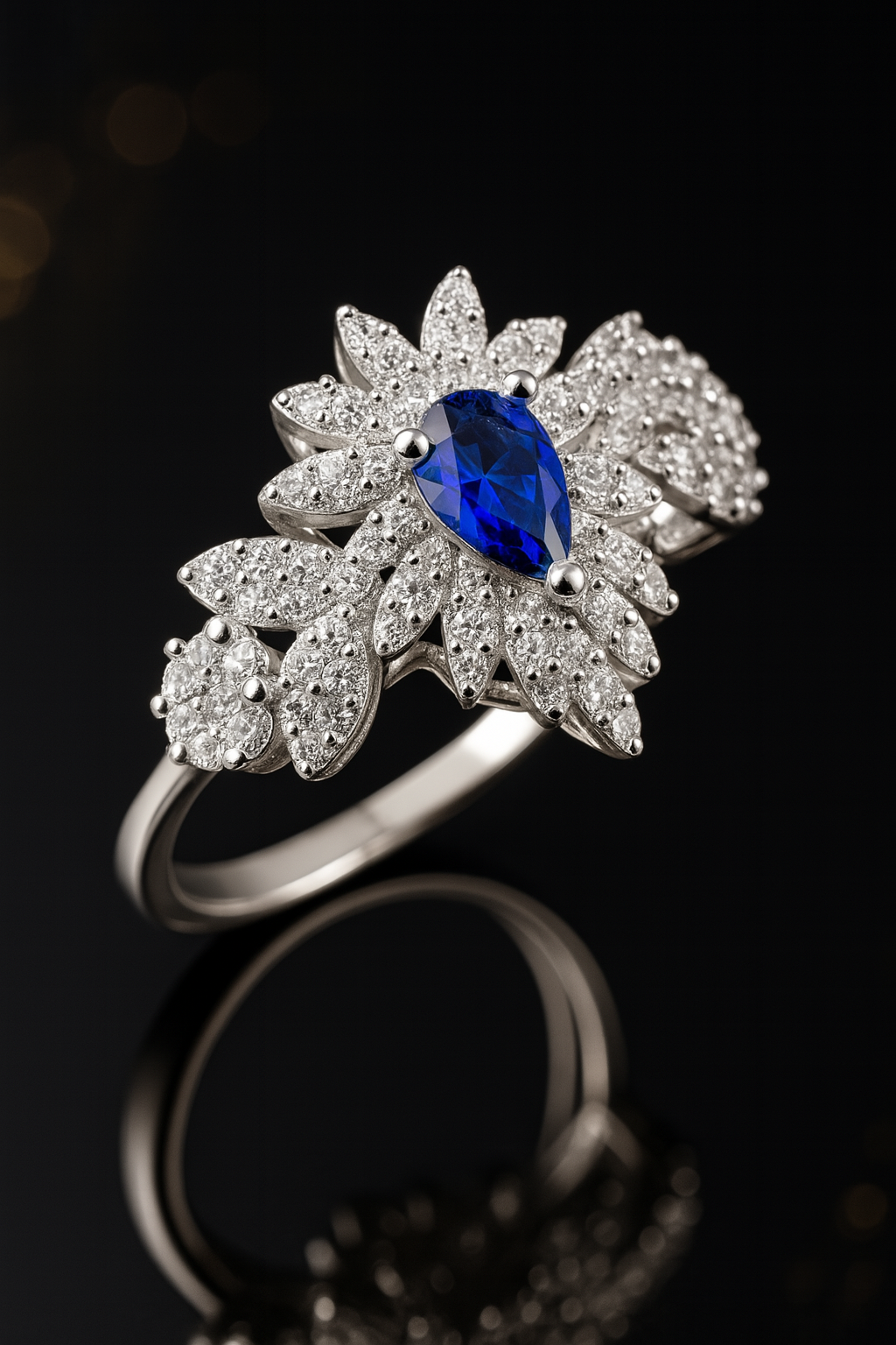 925 Sterling Silver Floral Ring with Pear-Cut Blue Topaz – Vintage-Style Zircon Accent Design
