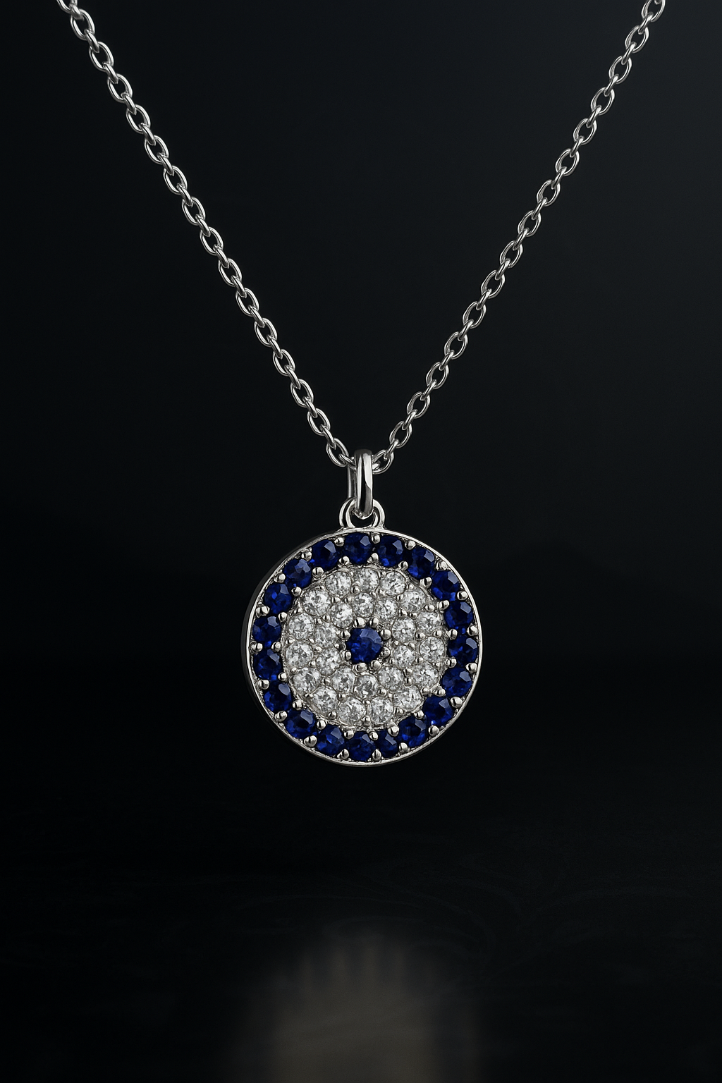 Round Evil Eye Pendant Necklace – 925 Sterling Silver with Sapphire & Clear Stones