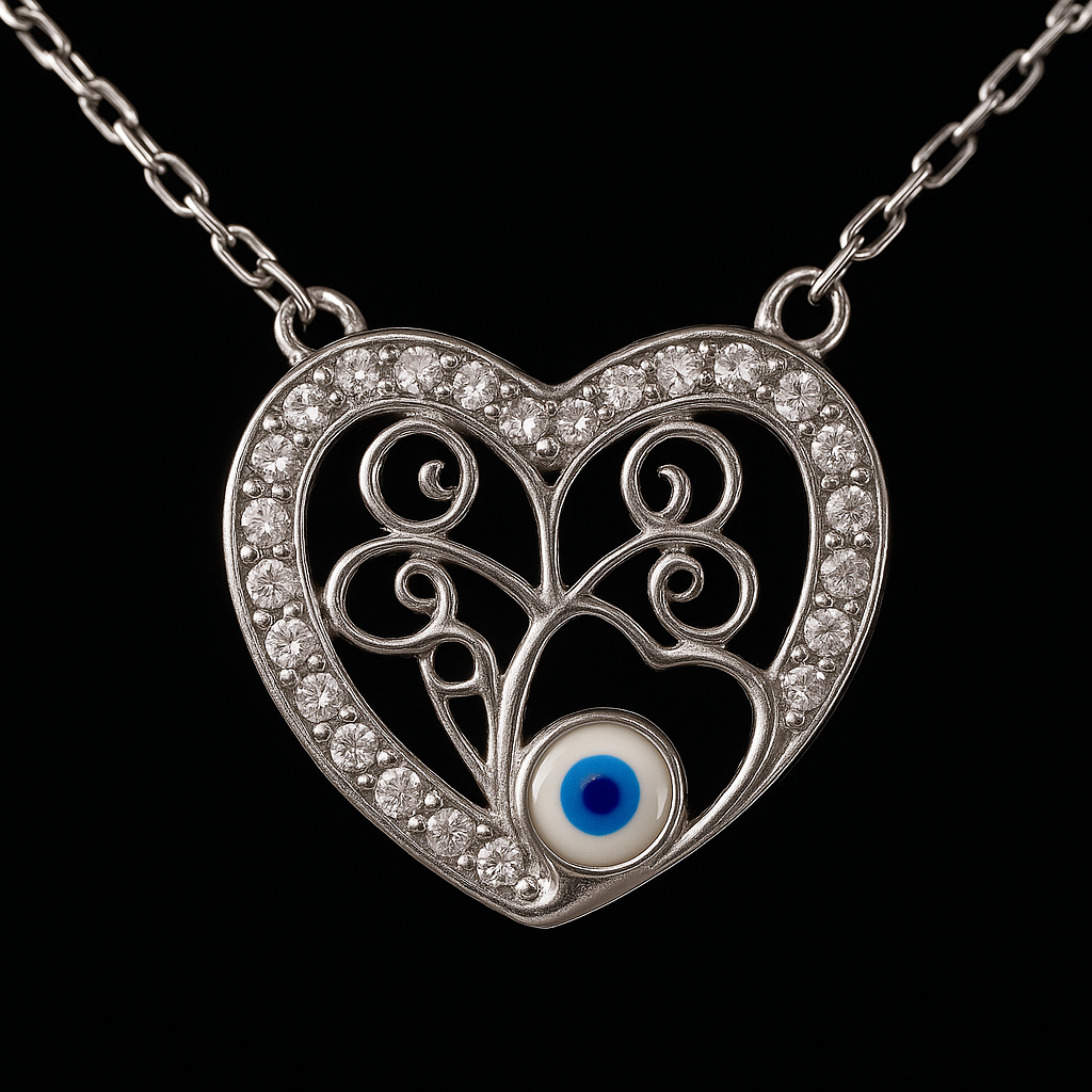 925 Sterling Silver Heart Necklace with Evil Eye and Cubic Zirconia – Protective & Elegant