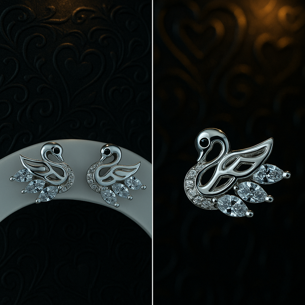 925 sterling silver swan earrings with sparkling cubic zirconia stones, shown as a pair and single piece on a dark background