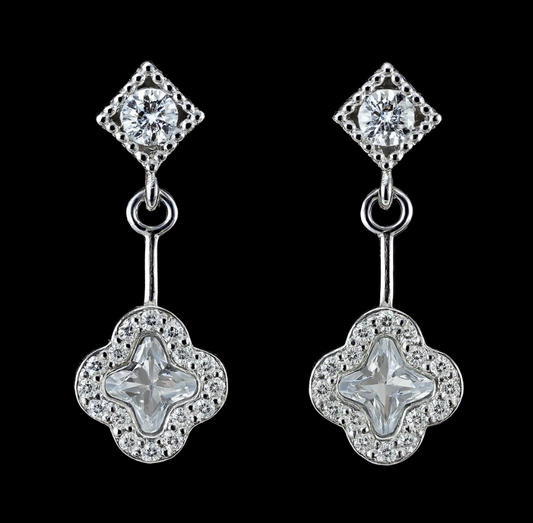 Elegant Drop Earrings in 925 Sterling Silver with Floral-Cut Zircon Stones