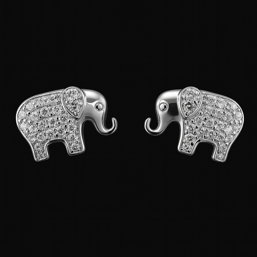 925 Sterling Silver Elephant Stud Earrings with Sparkling Accents – Luck & Strength Symbol