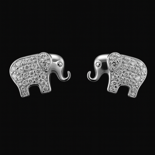 925 Sterling Silver Elephant Stud Earrings with Sparkling Accents – Luck & Strength Symbol