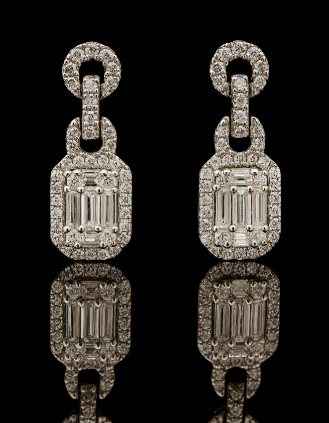 Elegant Drop Earrings in Sterling Silver with Baguette and Pavé Zircon Detailing