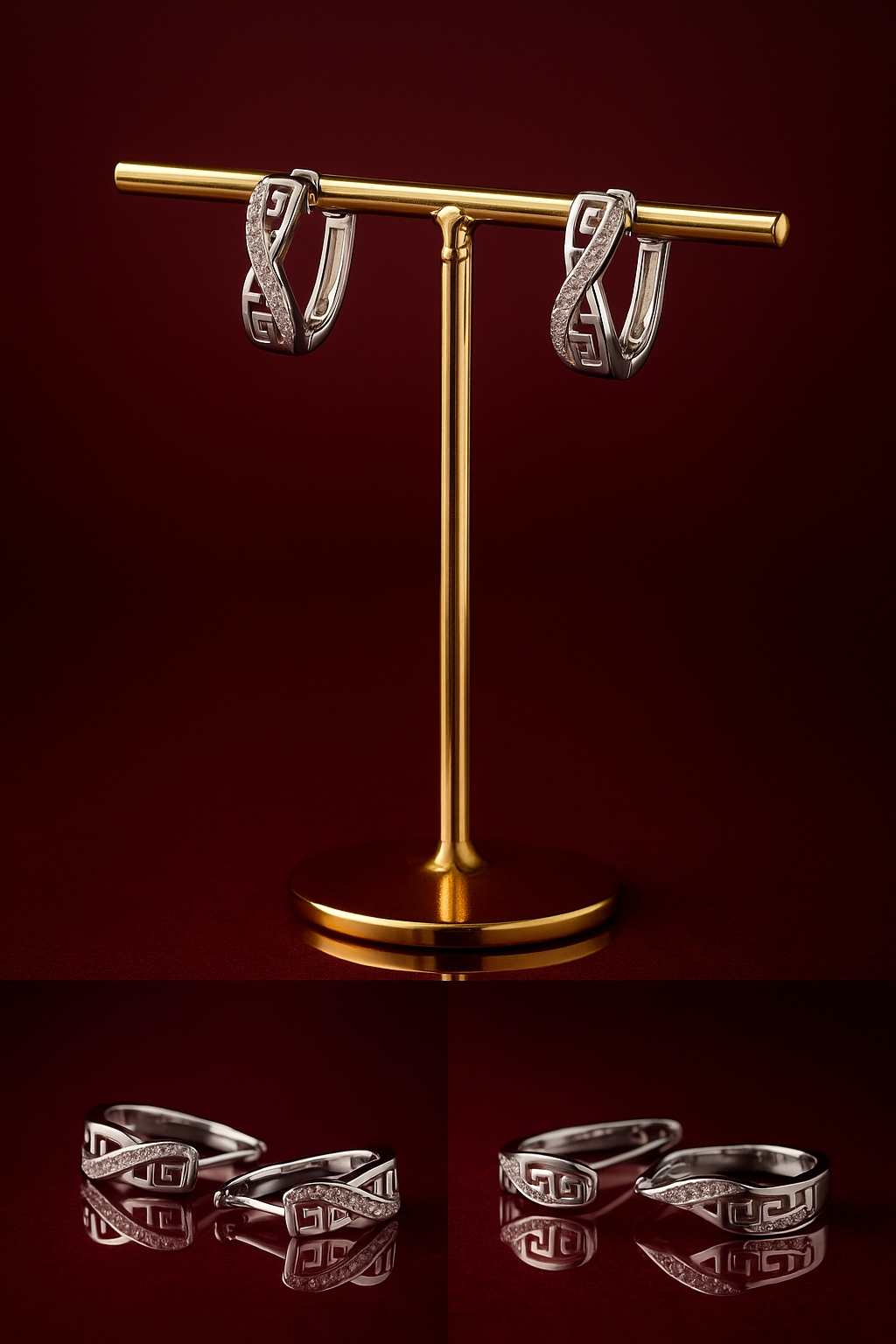 925 Sterling Silver Hoop Earrings with Greek Key Design and Cubic Zirconia