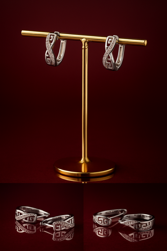 925 Sterling Silver Hoop Earrings with Greek Key Design and Cubic Zirconia