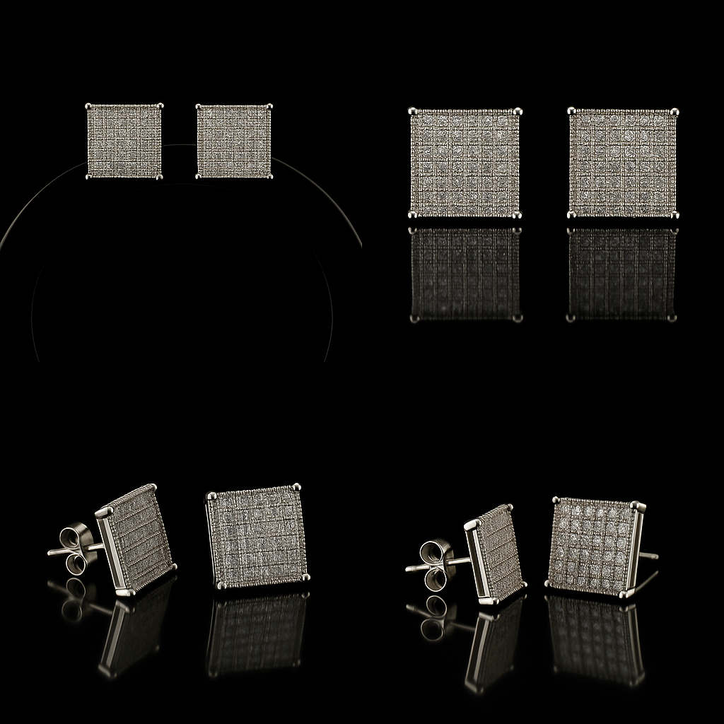 Modern Grid Stud Earrings in 925 Sterling Silver with Micro Pavé Detailing