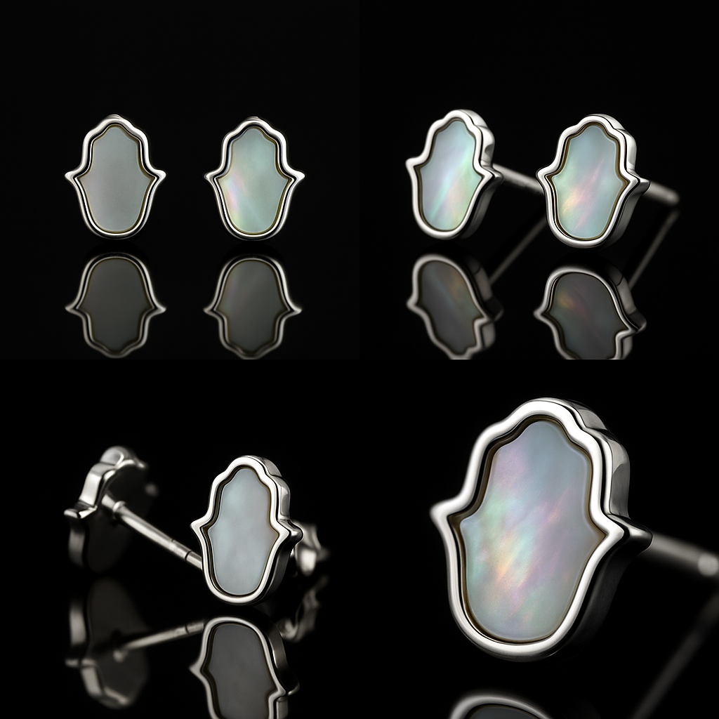 925 Sterling Silver Hamsa Stud Earrings with Mother of Pearl Inlay