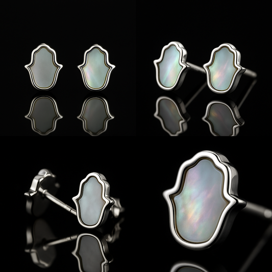925 Sterling Silver Hamsa Stud Earrings with Mother of Pearl Inlay