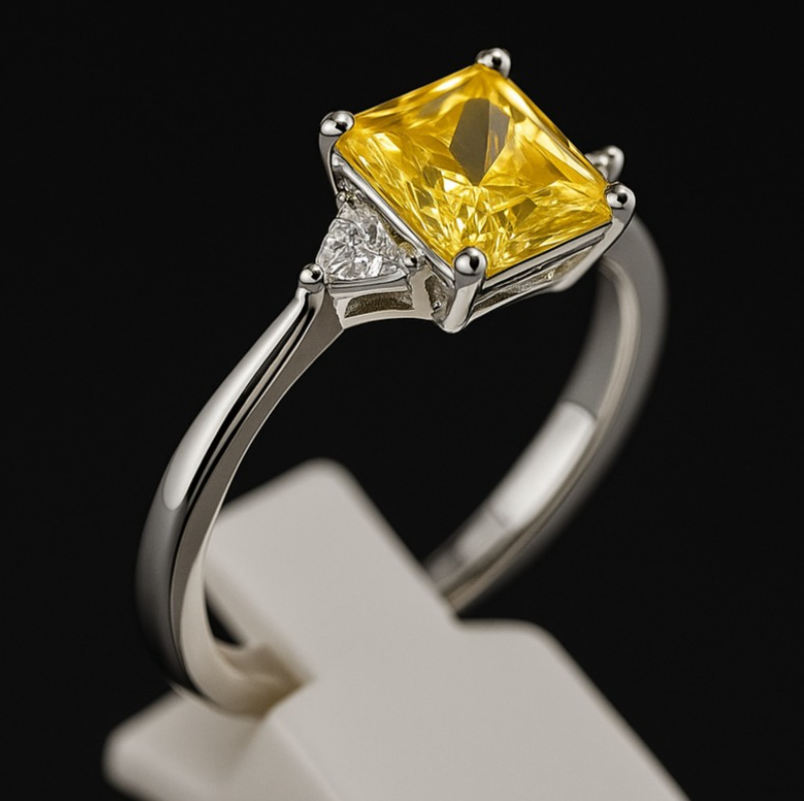 925 Sterling Silver Ring with Rectangular Citrine and Side Zircon Stones – Elegant Statement Design