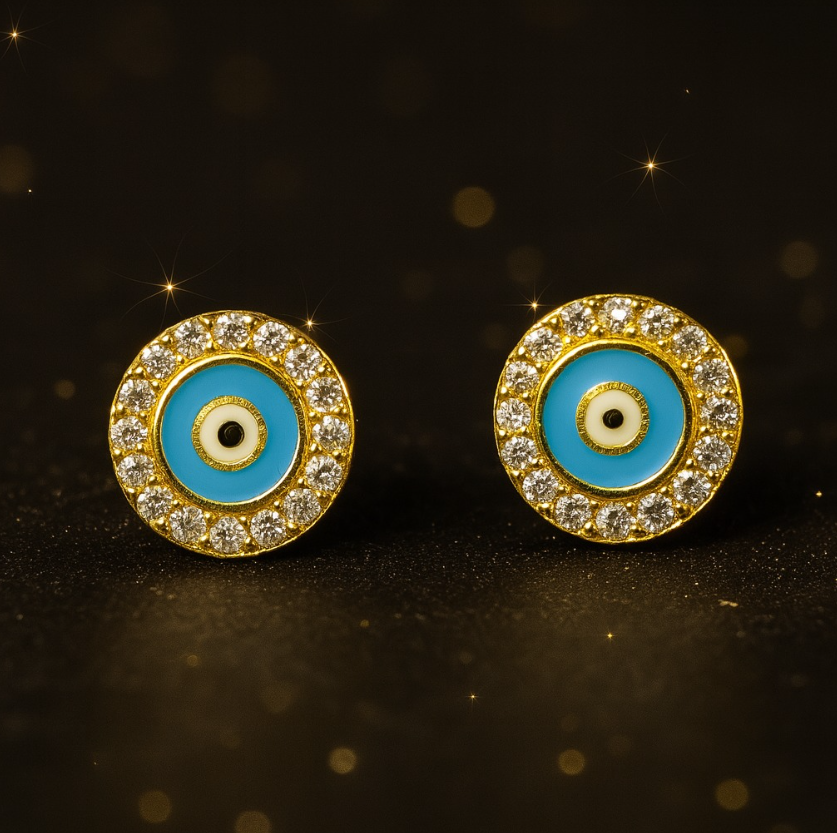 14K Gold Covered 925 Sterling Silver Evil Eye Stud Earrings – Dainty Sparkling Protection Jewelry for Women