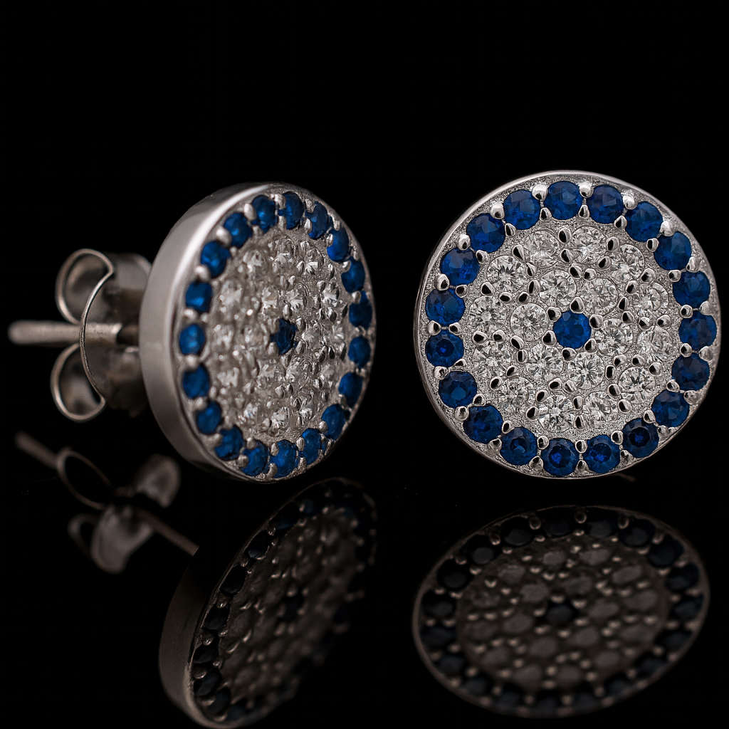 Sterling Silver Evil Eye Stud Earrings with Sparkling Zircon Accents